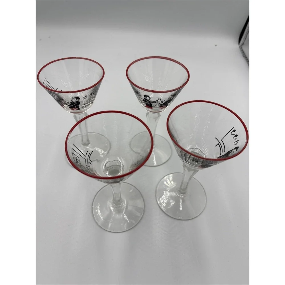 MCM Liquor Cocktail Glasses Martini Vtg Set 4 Dickens Merrymakers Libby